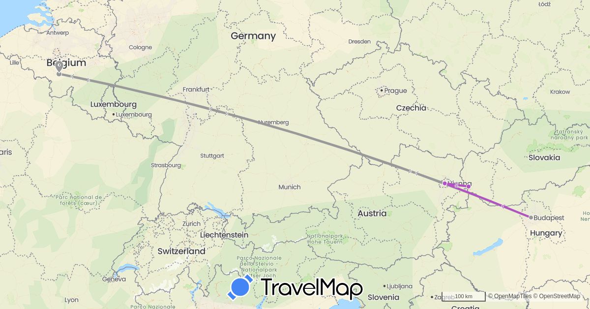 TravelMap itinerary: driving, plane, train in Austria, Belgium, Hungary, Slovakia (Europe)